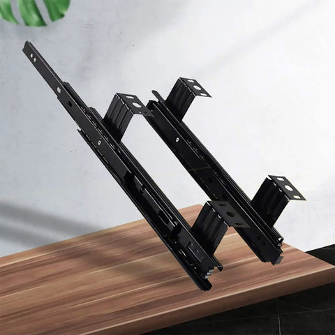 Heavy Duty Under Desk Keyboard Slide Full Extension Telescopic Track Rail showing black rails on wooden surface, designed for smooth operation.