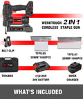 20V Cordless Staple Gun And Brad Nailer 2 In 1 Aluminum Magazine with accessories including battery, charger, staples, and toolbox.