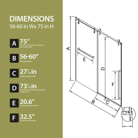 Dimensions diagram for Barn-Style Sliding Shower Door With Exposed Rollers, 8mm Clear Tempered Glass, 60 Inch Wide By 75 Inch High.