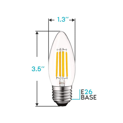 Five-Watt LED Candelabra Bulbs E26 Vintage Edison Filament, 60W Equivalent, 550 Lumens, torpedo tip with E26 base dimensions