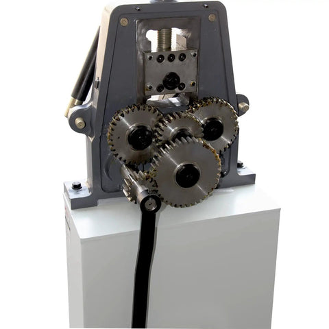 Heavy Duty Gear Assisted Three Roll Metal Bender For Cranking Out Round Pipes Flat Bars And Square Tubes Up To Fifty Millimeters With Zero Sweat Bending Smooth For Diy Fabrication And Real Deal Shop Work