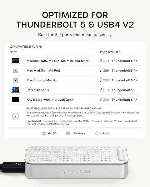 Thunderbolt 5 and USB4 V2 compatibility chart for Rad Speed 80Gbps NVMe SSD Enclosure, featuring laptop models and port requirements.