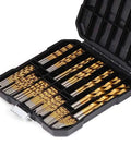 Heavy Duty 99 Piece Drill Bit Set For Steel Wood And Aluminum Alloy With Sturdy Carry Case, organized inside a black carry case.