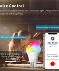 Smart WiFi RGB LED Light Bulb Color Changing Mood Lighting That Works With Alexa Google Home Siri shown with voice control features