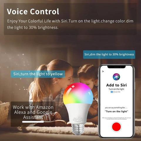 Smart WiFi RGB LED Light Bulb Color Changing Mood Lighting That Works With Alexa Google Home Siri shown with voice control features