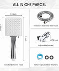 All in one parcel includes handheld shower head, 59-inch stainless steel hose, adjustable bracket, teflon tape, and washers.