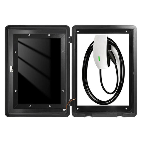 Badass Cold-Rolled Steel EV Charger Enclosure Wall Mount Box With Waterproof Seal And All Weather Protection For Outdoor Home Charging Stations showing open door and charger.