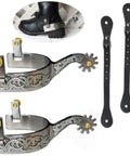 Western Cowboy Stainless Steel Spurs With Cowhide Belt German Silver Decorative Plate Featuring Gear Motif Copper Cap Buckle Spur Straps Included For Boots MP1229-02, displayed with attached spur straps and decorative gear motif.