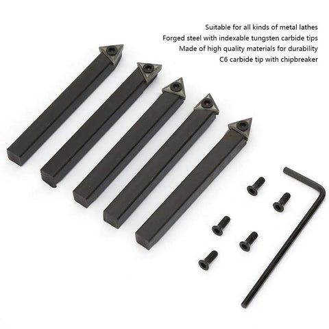 Heavy Duty 5 Pack Quarter Inch Indexable Carbide Insert Set With Hex Wrench And Screws For Metal Lathe, forged steel, carbide tips.
