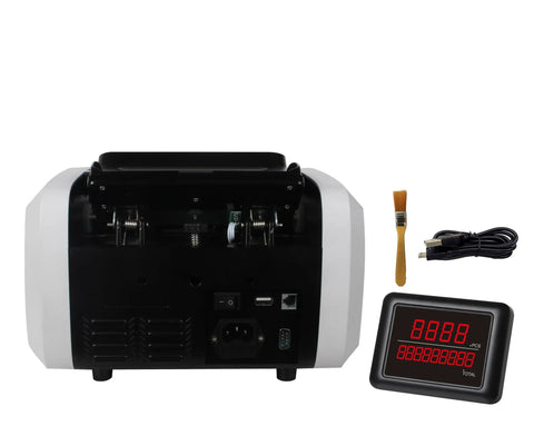 Back view of SB901 Mixed Denomination Money Counter With IR Mapping Tech showing ports, display, brush, and cable