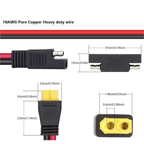 Heavy-Duty 10AWG SAE To XT60 Solar Adapter Extension Cable connectors and dimensions