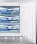 Interior view of the Straight Up Commercial Upright Freezer With Premium Stainless Steel Wrap And Rock Solid Factory Key Lock Nsf Certified, showing clear storage bins.