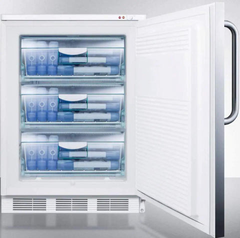 Interior view of the Straight Up Commercial Upright Freezer With Premium Stainless Steel Wrap And Rock Solid Factory Key Lock Nsf Certified, showing clear storage bins.
