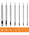 7 Piece Hollow Punch Set With Round Holes From 0.5mm To 5mm For Leather Craft Watch Bands And More shown in various sizes.