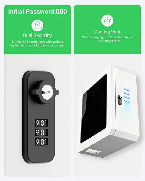 Universal Lockable EV Charger Outdoor Enclosure And Heavy Duty Metal Protective Guard For Level 2 Charging Stations, showing dual security lock and cooling vent.