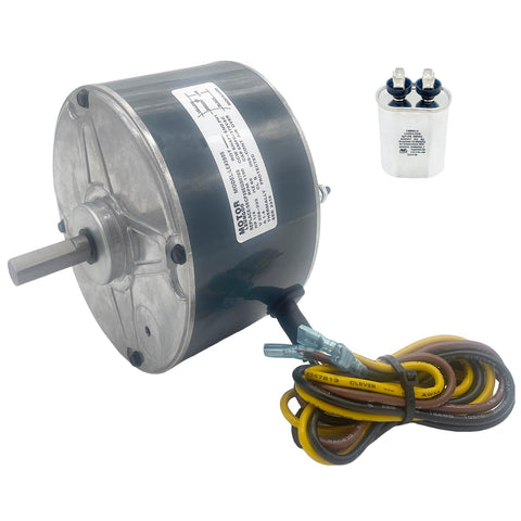 Straight Up 1/4 HP AC Condenser Fan Motor 208-230V 1100 RPM Simple Swap Replacement For Carrier And Bryant HVAC Equipment With Matched Capacitor and CCW Shaft including wires.
