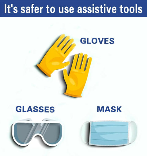 Illustration of yellow gloves, protective goggles, and a blue mask with the text 'It's safer to use assistive tools' above.