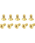 Top Shelf Precision Brass Flat Head Socket Cap Screws M2 X 4mm Inner Hex Drive Fasteners, 8 brass screws in a row.