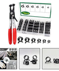 Ultimate 73-Piece Spring Hose Clamp Kit With Pro Pliers Made From Heavy Duty 65Mn Steel For Tough Automotive repairs plumbing fixes and sweet DIY home projects organized in sturdy storage box., 72-piece clamp set with red-handled pliers and assorted spring hose clamps in storage box