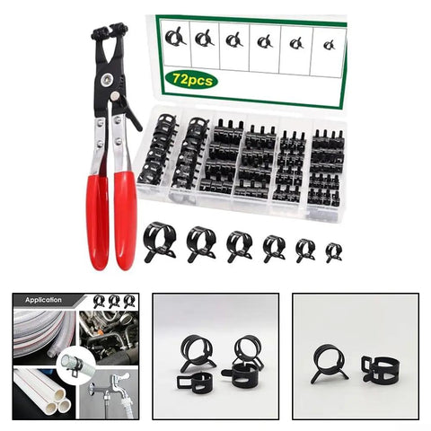 Ultimate 73-Piece Spring Hose Clamp Kit With Pro Pliers Made From Heavy Duty 65Mn Steel For Tough Automotive repairs plumbing fixes and sweet DIY home projects organized in sturdy storage box., 72-piece clamp set with red-handled pliers and assorted spring hose clamps in storage box