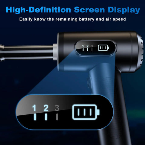 Electric Air Duster With LED Light Three Gear Adjustable 100000 RPM Cordless Blower displaying high-definition screen and battery level