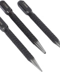 Tough As Nails 3 Piece High Carbon Steel Center Punch Set Delivers Pinpoint Marks On Metal Wood And Alloy Steel For Any Drilling Project. Tools showing varying tip sizes for precise marking.