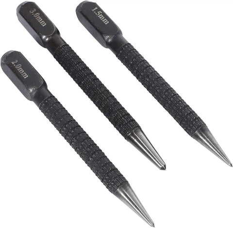 Premium High Carbon Steel Center Punch Set Black Finish Heavy Duty Marking Tools For Alloy Steel Metal Wood Drilling Jigs, three sizes shown.