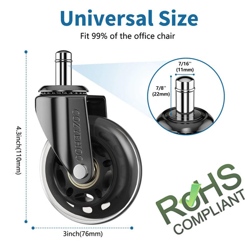 Office chair caster wheels, transparent rubber, 3-inch diameter, set of 5.