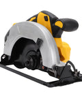 Badass Cordless Circular Saw with 7-1/4 Inch Blade and 5300 RPM Brushless Motor Cuts Hardwood Plywood No Sweat Includes 2 Alloy Steel Blades plus Carry Case for Serious Woodworkers Who Want Power on the Go without any Hassle showing the saw's blade and handle.