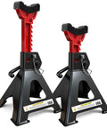 Pair of USYATO 6-Ton jack stands, red vertical posts with black bases, double-pin locking, front view.
