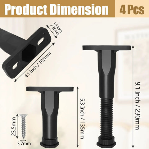 Product dimensions of No Sweat Height Tweaks On Reliable Adjustable Bed Legs 4 Pack, showing sizes from 5.3 to 9.1 inches.