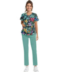 Ultra Comfy Women Nursing Scrubs Set Buttery Soft Stretch Joggers With Deep Pockets Anti Wrinkle Medical Work Uniform Top In Green with floral design.