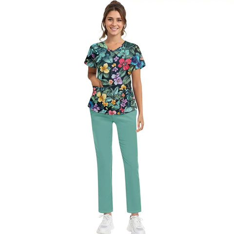 Ultra Comfy Women Nursing Scrubs Set Buttery Soft Stretch Joggers With Deep Pockets Anti Wrinkle Medical Work Uniform Top In Green with floral design.