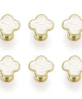 Six Pack White Dresser Knobs Set Featuring Pearl Clover Design With Gold Finish For Cabinets And Drawers Includes Durable Hardware