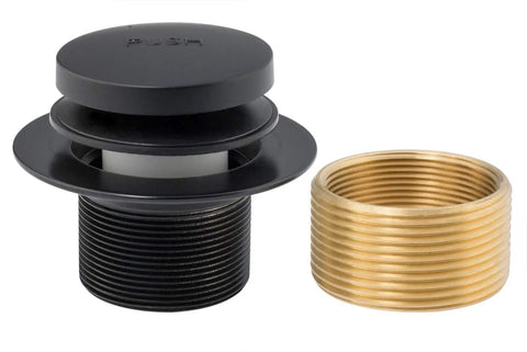 Matt black Tip Toe Bathtub Drain Stopper Kit with Two Hole Overflow Faceplate Replacement Bath Drain Trim Set next to brass thread