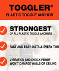 Heavy Duty Drywall Anchor System For Five Eighths To Three Quarters Inch Walls, One Shot Install, Made In USA, Accepts Screws Sizes Six To Fourteen, Polypropylene Build, Pack Of 100, features list