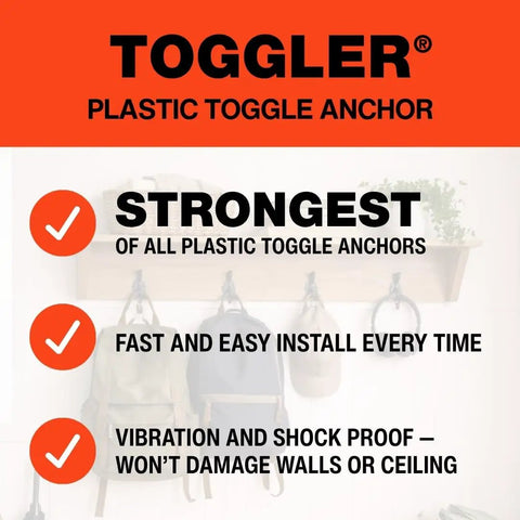 Heavy Duty Drywall Anchor System For Five Eighths To Three Quarters Inch Walls, One Shot Install, Made In USA, Accepts Screws Sizes Six To Fourteen, Polypropylene Build, Pack Of 100, features list