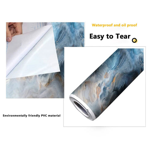 Roll of Peel And Stick Blue Marble Wallpaper with Grey and Gold Inclusions showcasing adhesive backing texture.