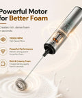 Rechargeable Milk Frother With Stand Electric Whisk Foam Maker USB C Two Speed Handheld Drink Mixer For Coffee Latte Cappuccino Matcha Drinks Silver Finish, showing powerful motor features.