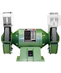A Badass Dual Wheel Bench Grinder With Sturdy Eye Shields And Premium Aluminum Oxide Stones for tool sharpening, showing 5-inch wheels and motor.
