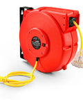 Retractable Extension Cord Reel 80 Ft, 12 AWG, red casing, yellow cable, triple tap outlet, industrial grade, LED glow feature.