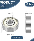 4 Pack 635ZZ Deep Groove Ball Bearings 5x19x6mm Chrome Steel Double Shield ABEC5, front and side view with size dimensions