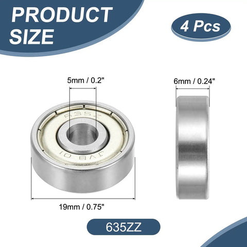4 Pack 635ZZ Deep Groove Ball Bearings 5x19x6mm Chrome Steel Double Shield ABEC5, front and side view with size dimensions