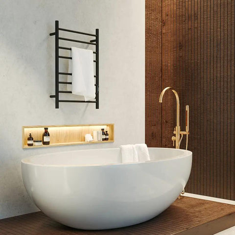 Wall Mounted Heated Towel Rack With Built In Timer And LED Indicator In Matte Black Electric Stainless Steel Towel Warmer Above Tub