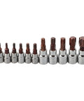 Top Tier 11 Piece Torx Bit Socket Set With T10 To T60 Chrome Vanadium Steel Driver Bits For Tough Automotive Repairs And Heavy Mechanical Maintenance Work Using Both Inch Drive Sizes. 11-piece chrome vanadium Torx bit socket set, T10-T60