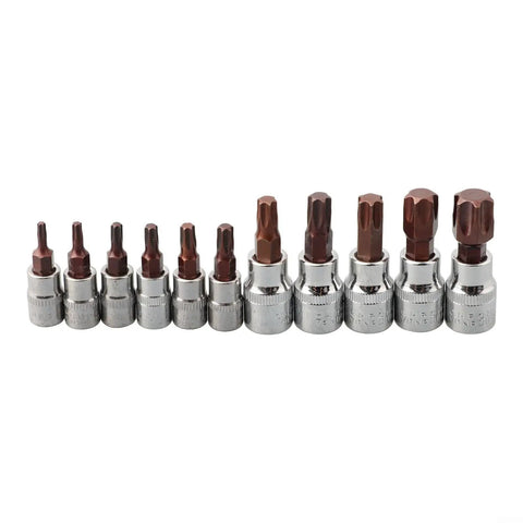 Top Tier 11 Piece Torx Bit Socket Set With T10 To T60 Chrome Vanadium Steel Driver Bits For Tough Automotive Repairs And Heavy Mechanical Maintenance Work Using Both Inch Drive Sizes. 11-piece chrome vanadium Torx bit socket set, T10-T60