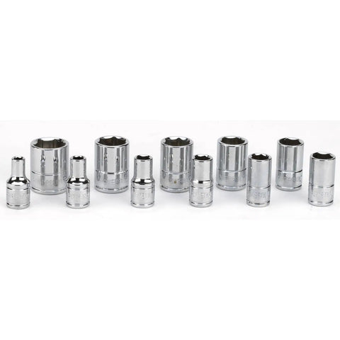 11 Piece Metric Shallow Socket Set With 1/4 Inch Drive, 6 Point Sockets displayed, chrome vanadium steel, mirror finish.