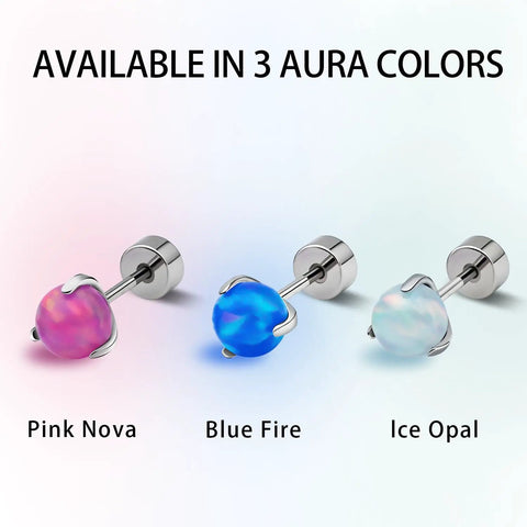 G23 Titanium Flat Back Earrings 20G Opal Ball Studs White 5mm ASTM F136 Hypoallergenic Nickel Free Implant Grade Durable Screw Back For Sensitive Piercings And Dope Everyday Wear, 3 aura colors shown