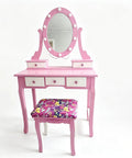 Pink vanity set with mirror and stool, featuring Six Pack Pink Crystal Cabinet Knobs 1.2 Inch Diamond Glass Drawer Pulls.