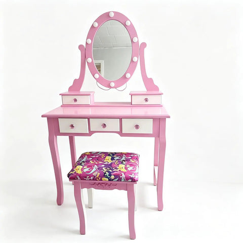 Pink vanity set with mirror and stool, featuring Six Pack Pink Crystal Cabinet Knobs 1.2 Inch Diamond Glass Drawer Pulls.